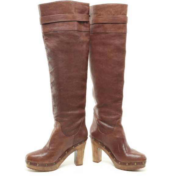 Michael Kors Yolanda Clog Over the Knee Heeled Leather Boots Womenโs 8 Brown - Picture 10 of 15